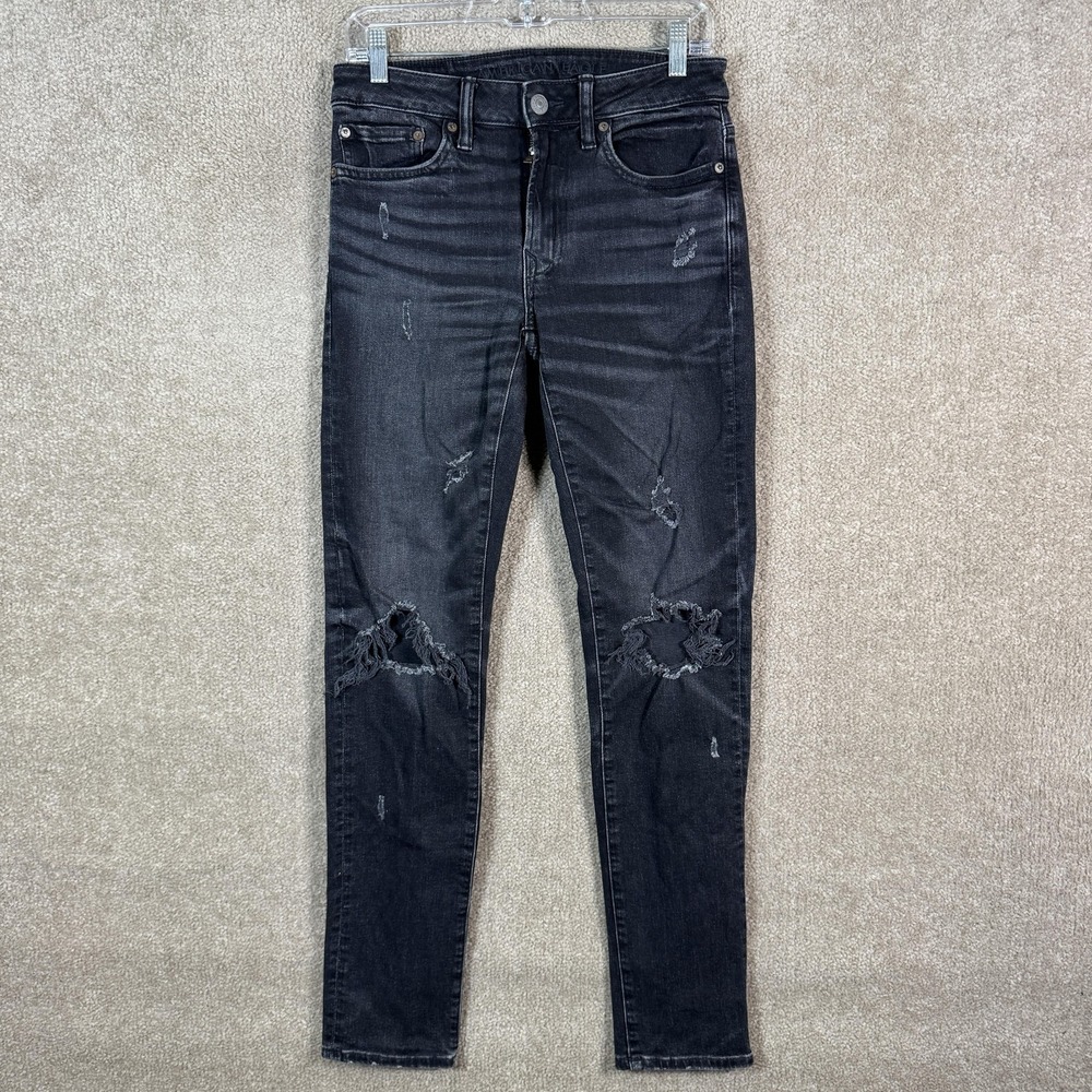 American Eagle Jeans Mens 28x34 Black Slim Skinny Distressed Stretch Denim